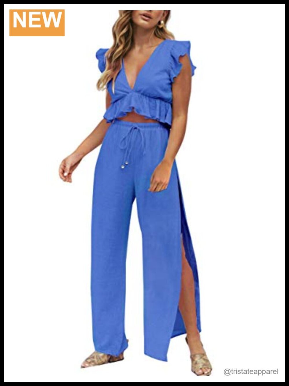 2 Piece Outfit V Neck Ruffle Crop Top Wide Leg Pants Set